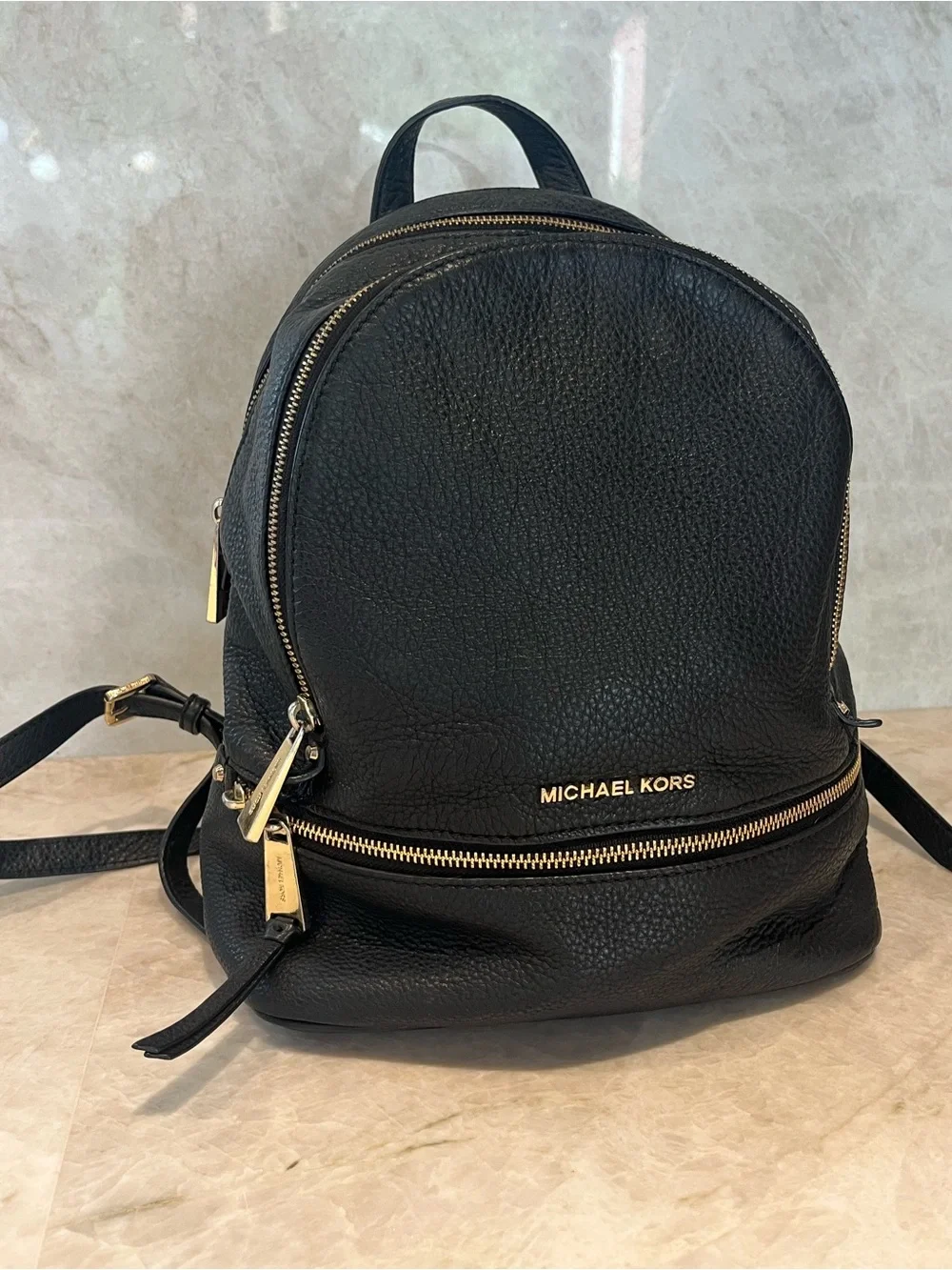 Michael Kors Black Pebbled Leather Backpack with Gold Hardware